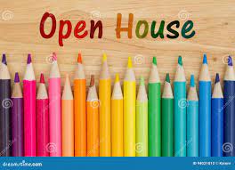  picture with colored pencils in a line and words open house above them in rainbow colored lettering